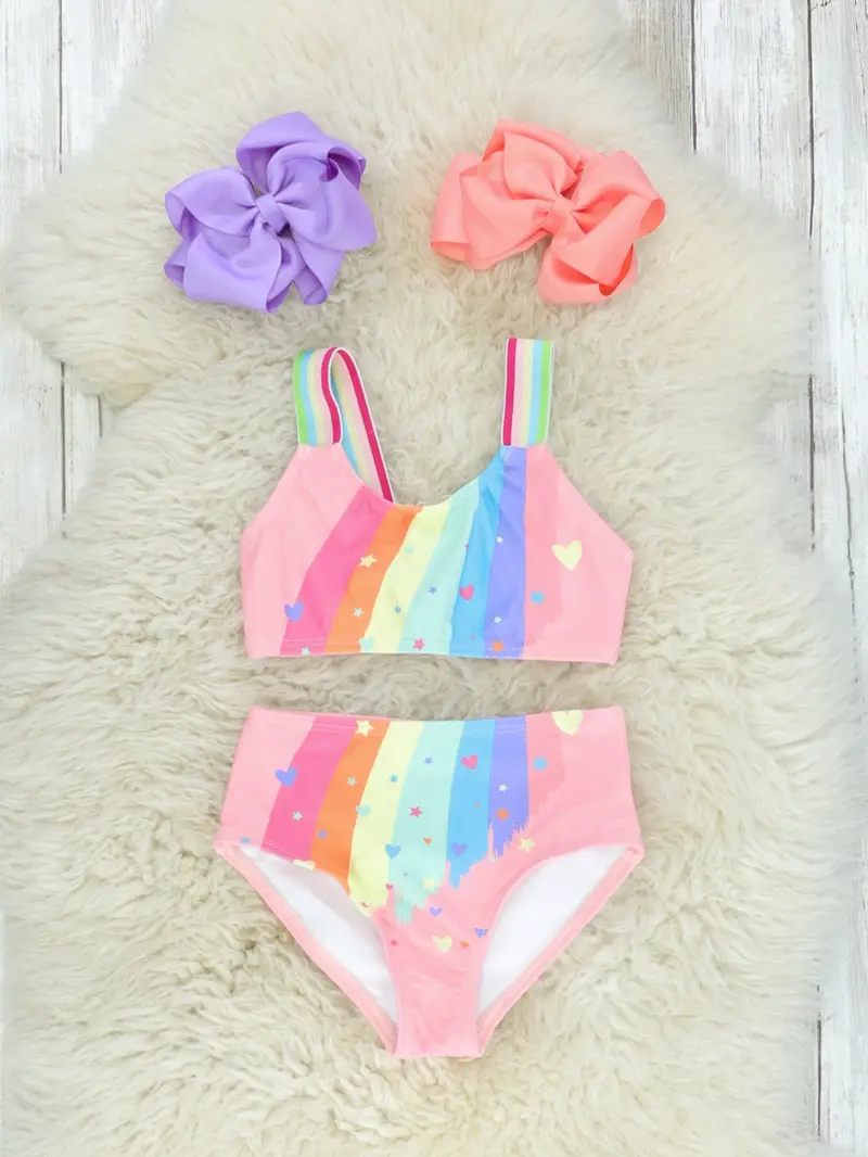 Rainbow-Trimmed High-Waisted Pink Swimsuit 1