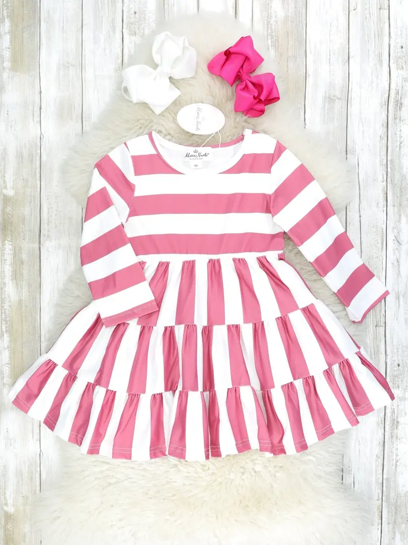 Raspberry Red Striped Mom-And-Me Long Sleeve Swing Dress Set 1