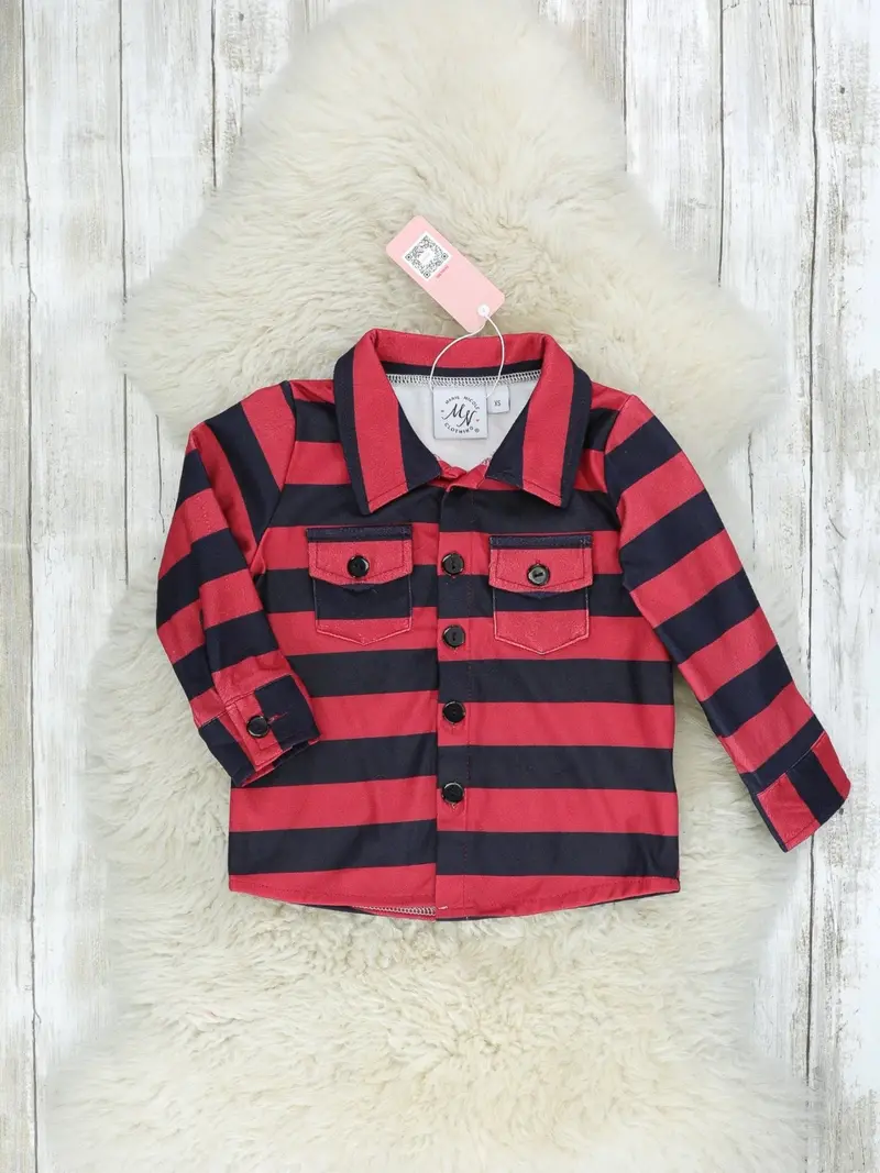 Red And Black Striped Button-Up Shirt With Patch Pockets 1