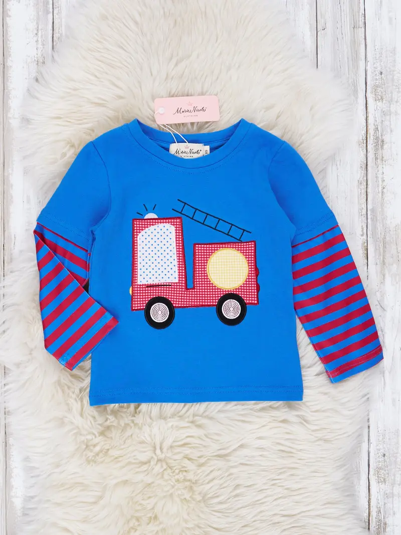Red And Blue Firetruck Stripe Toddler Shirt 1