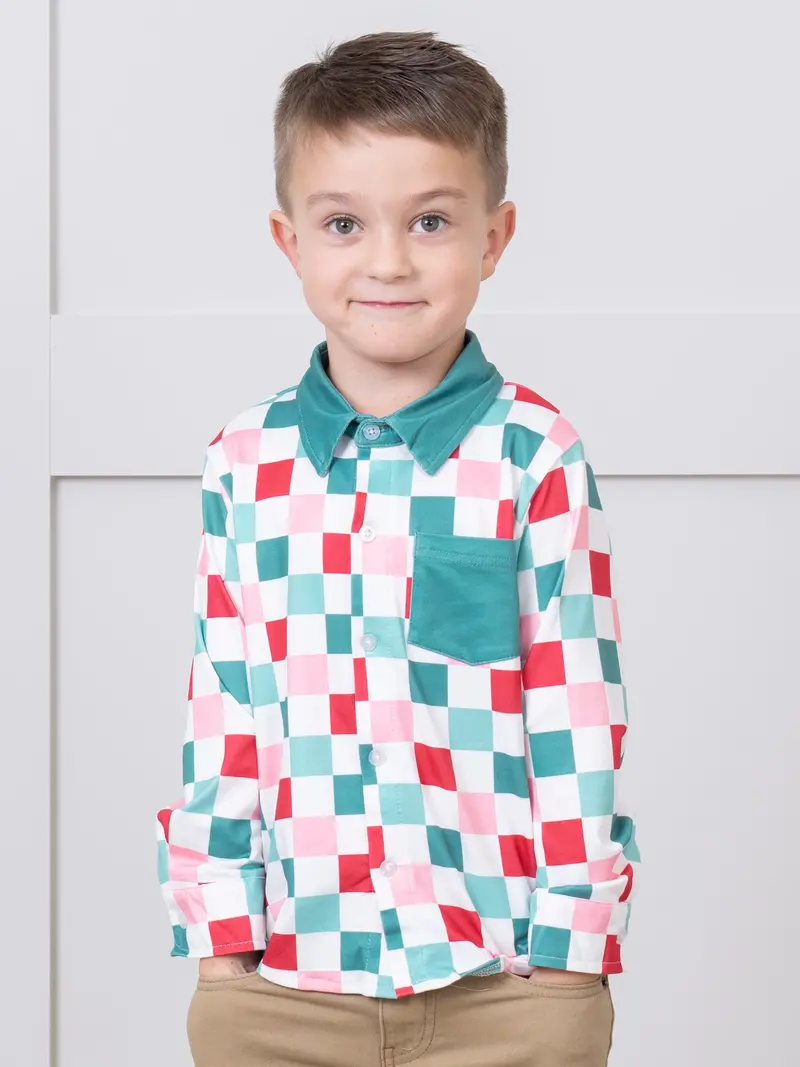 Red And Green Christmas Squares Pocket Shirt For Kids 1