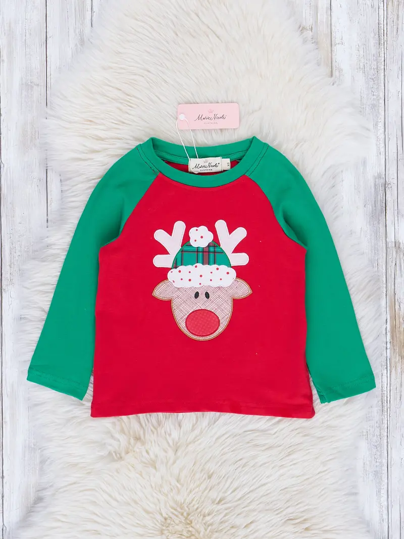 Red And Green Embroidered Reindeer Raglan Shirt 1