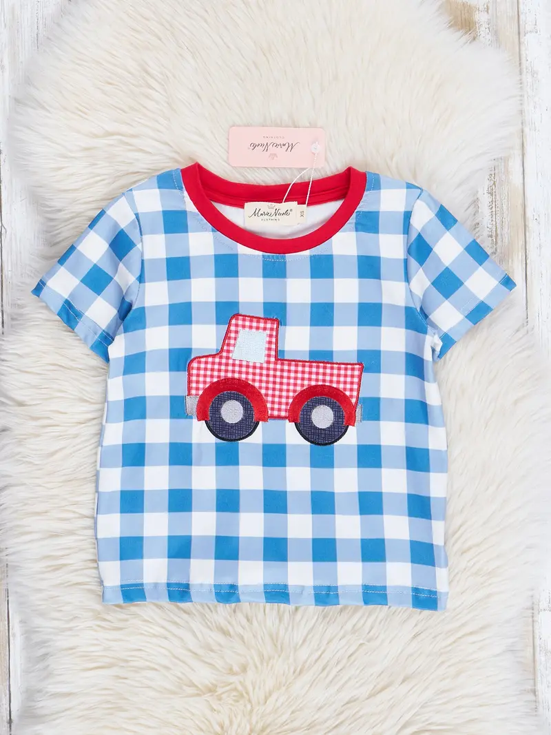 Red And Navy Gingham Shirt With Truck Motif 1