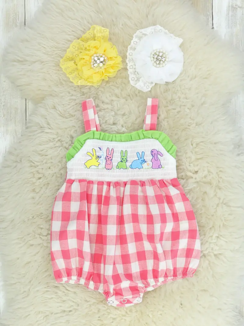 Red Gingham Bunny Picnic Cotton Bubble Romper 1