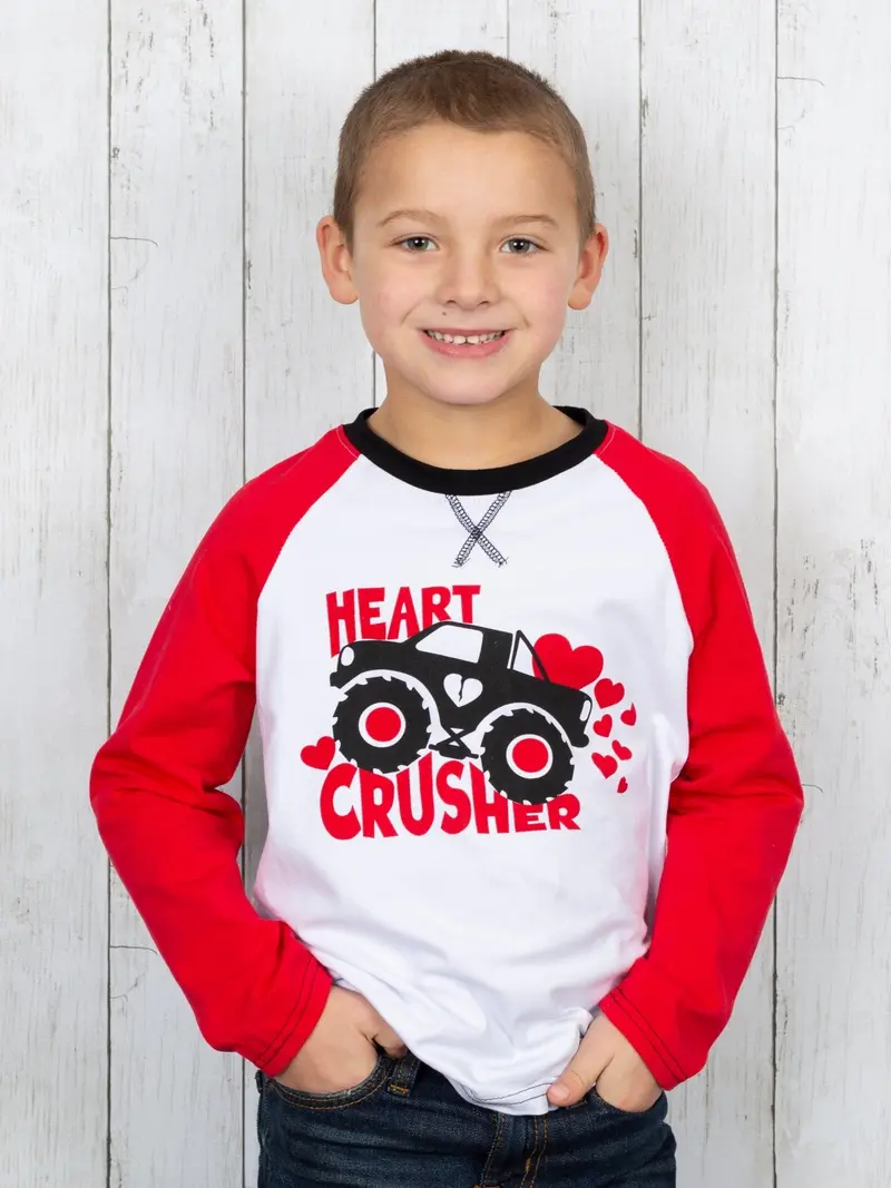 Red Monster Truck Raglan Tee – Heart Crusher Design 1