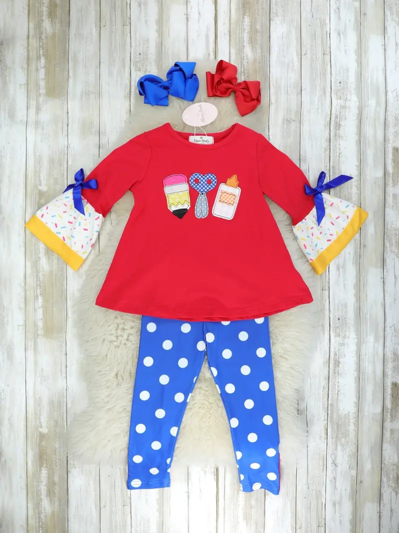 Red School Supplies Tee With Polka Dot Bottoms Set 1