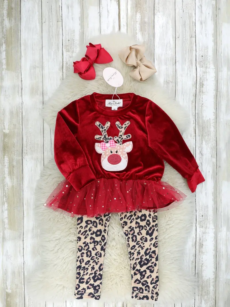 Red Sparkly Reindeer Tulle Outfit With Leopard Print Details 1