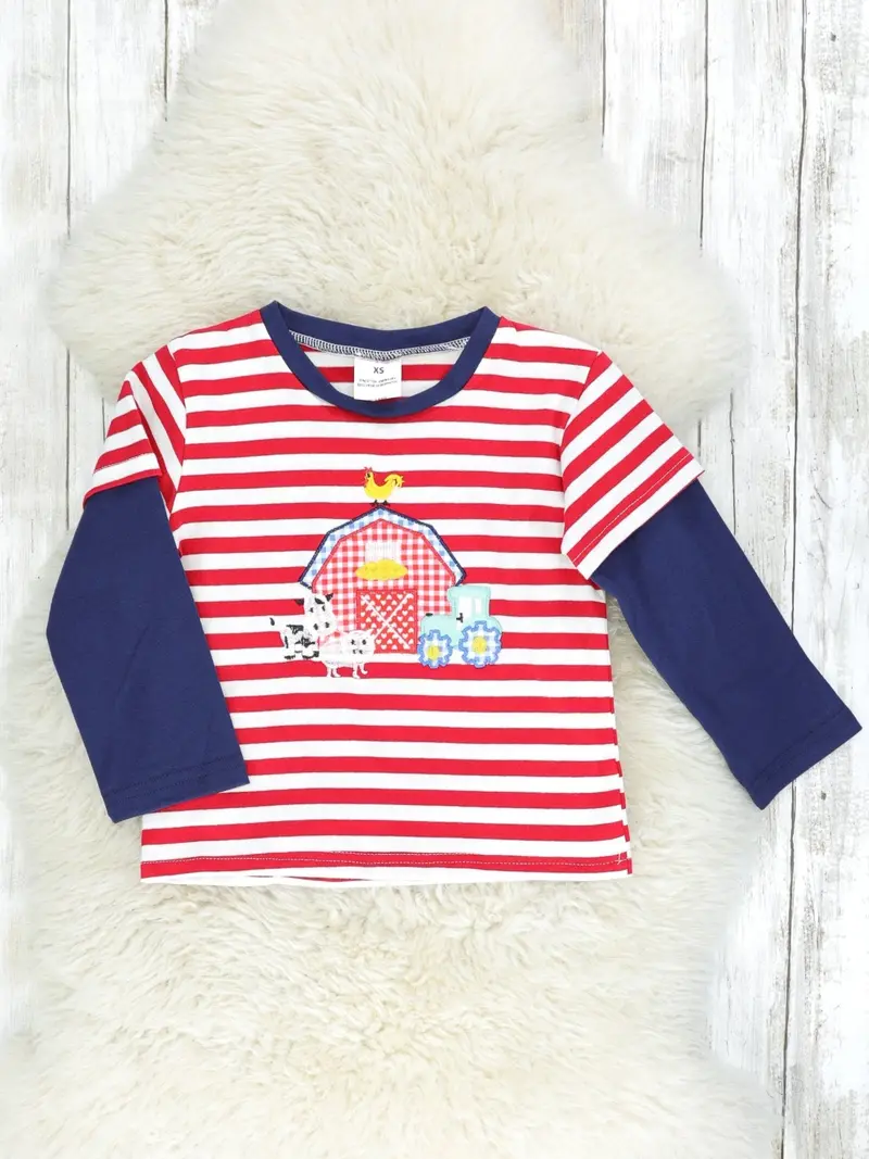 Red-Striped Barn-Themed Layered Shirt For Kids 1