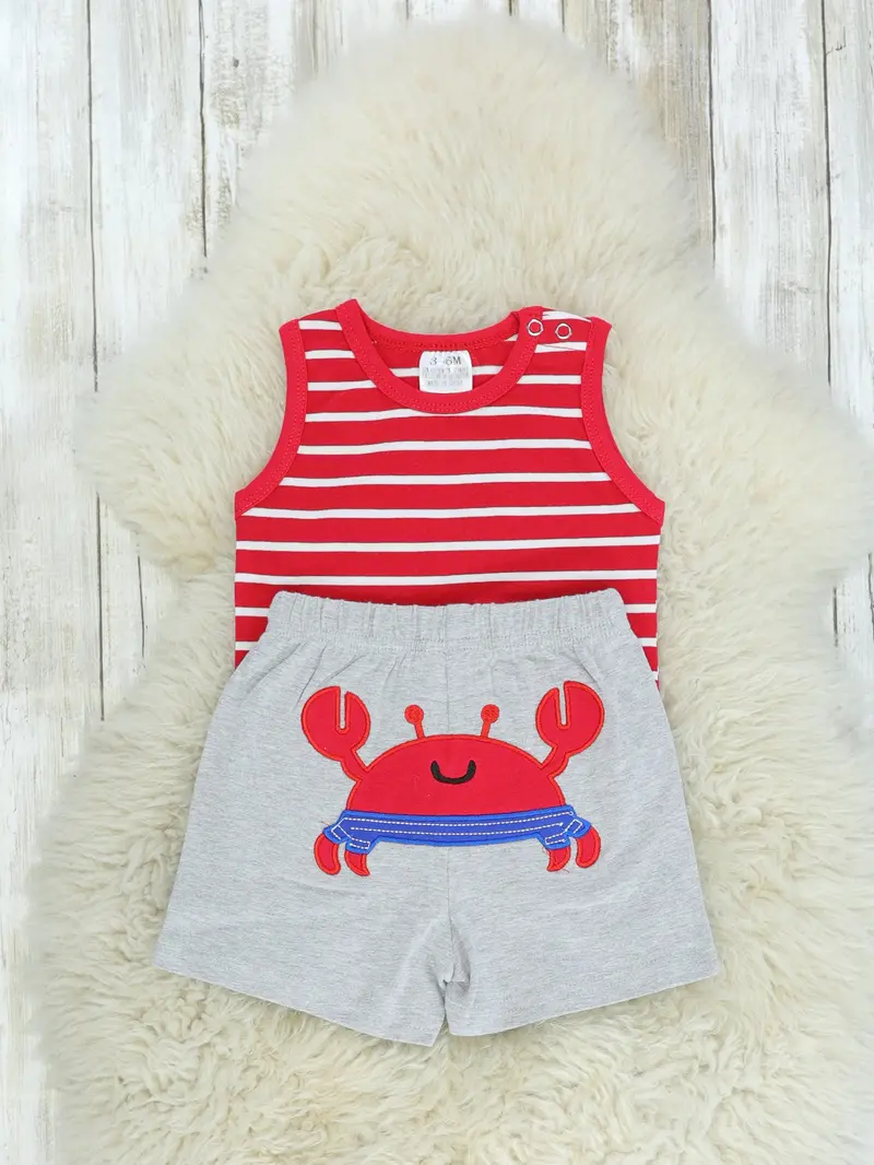 Red Striped Bubble Romper And Crab-Print Shorts Set 1