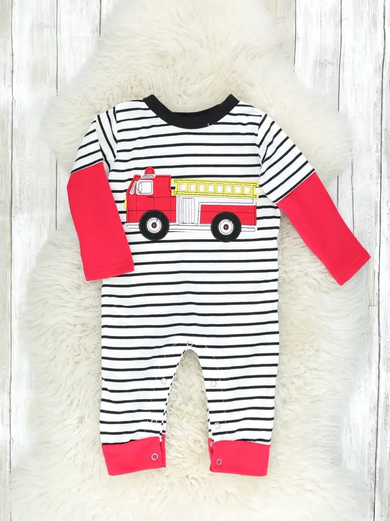 Red-Striped Firetruck Layered Romper For Toddlers 1