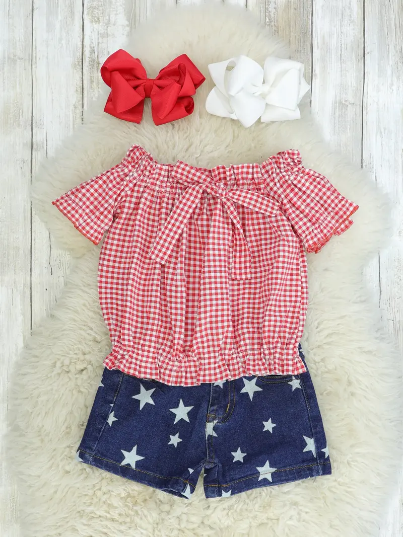 Red Tie-Front Top With Star-Patterned Denim Shorts Set 1
