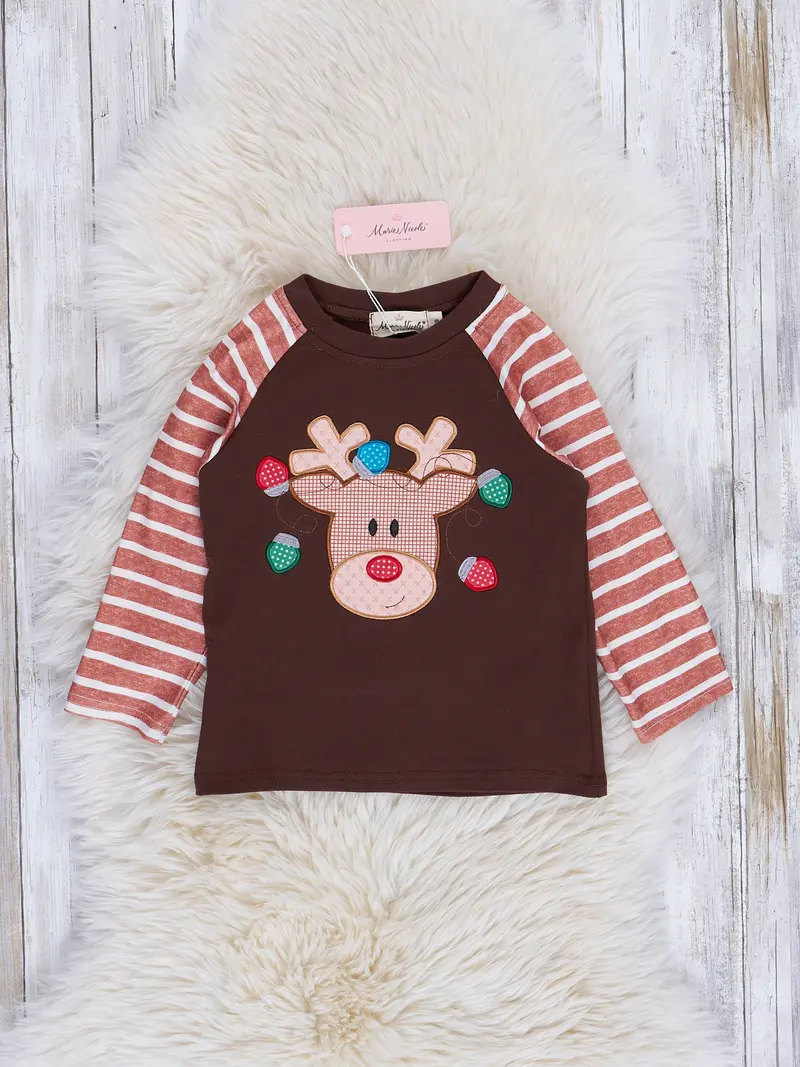 Reindeer-Embroidered Stripe Shirt In Chocolate & Tan 1