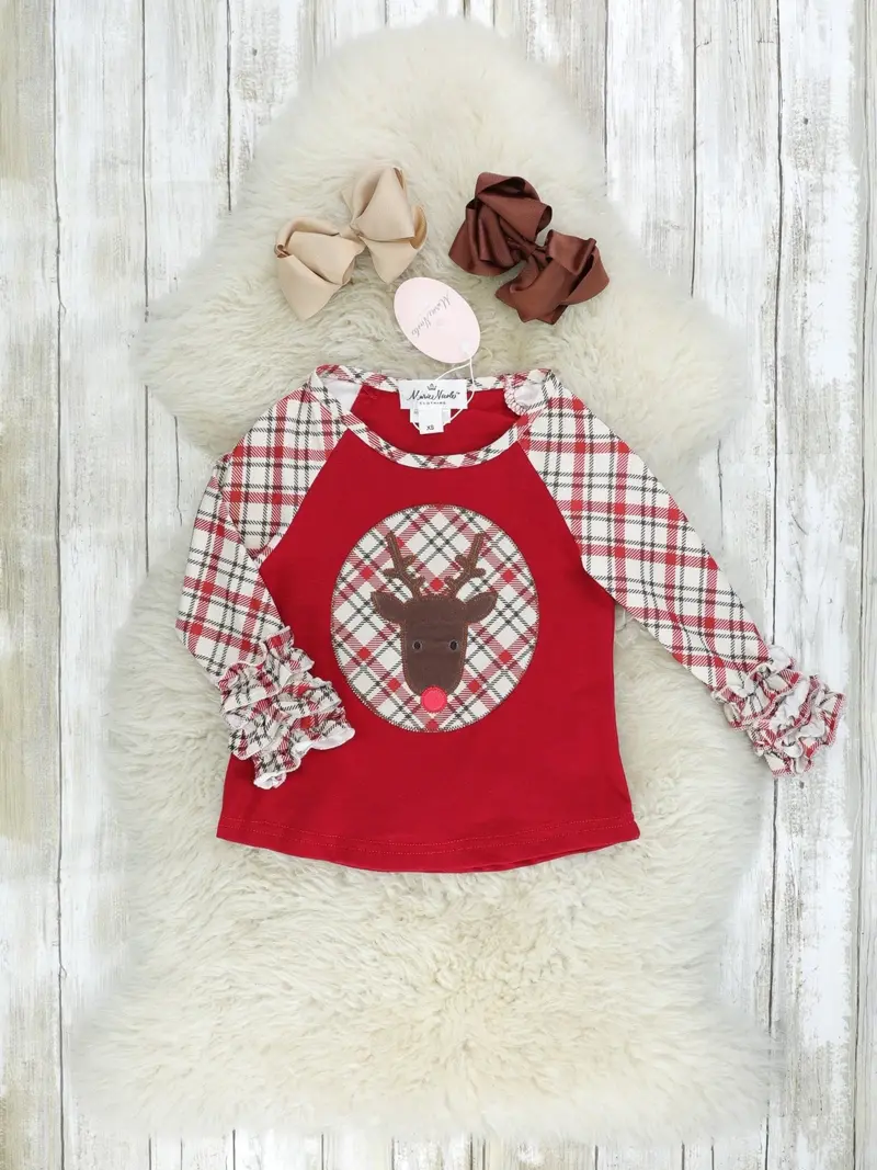 Reindeer-Print Ruffle Shirt – Red Plaid Holiday Top 1