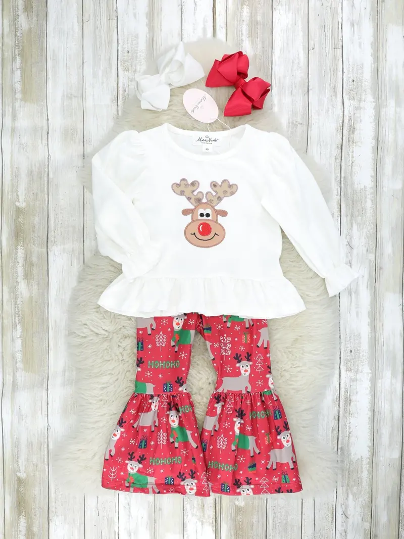 Reindeer-Print Ruffle Top With Bell Bottom Pants 1