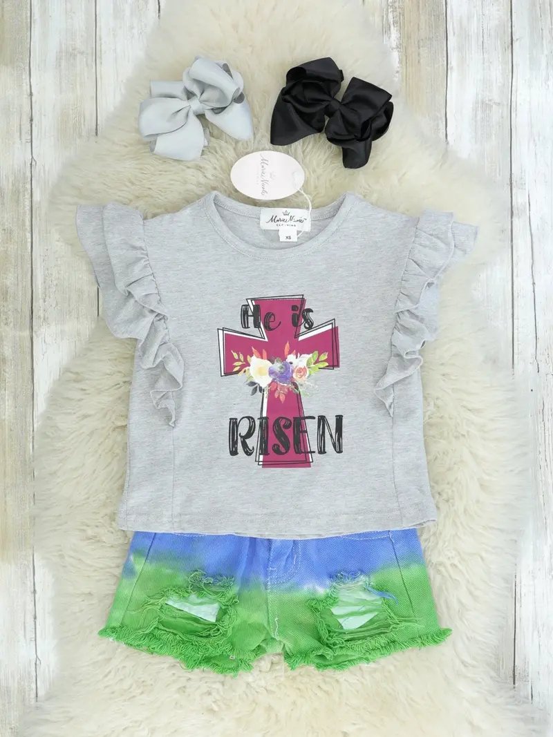 "Risen" Cross Embellished Ruffle Top With Ombre Shorts 1
