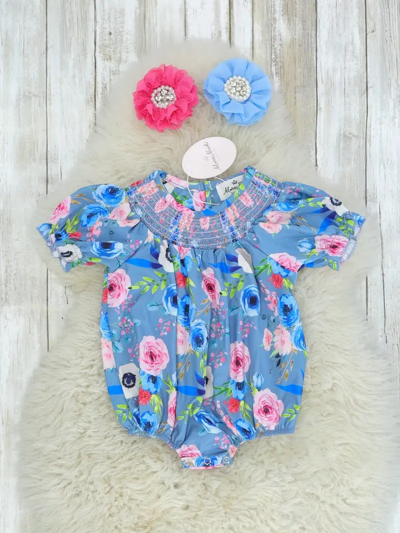 Rose Patterned Blue Bubble Romper 1