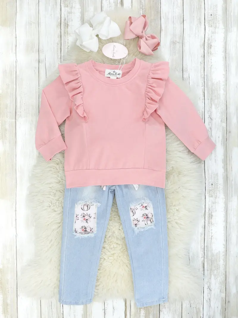 Rose Pink Ruffle Top With Distressed Denim Set 1