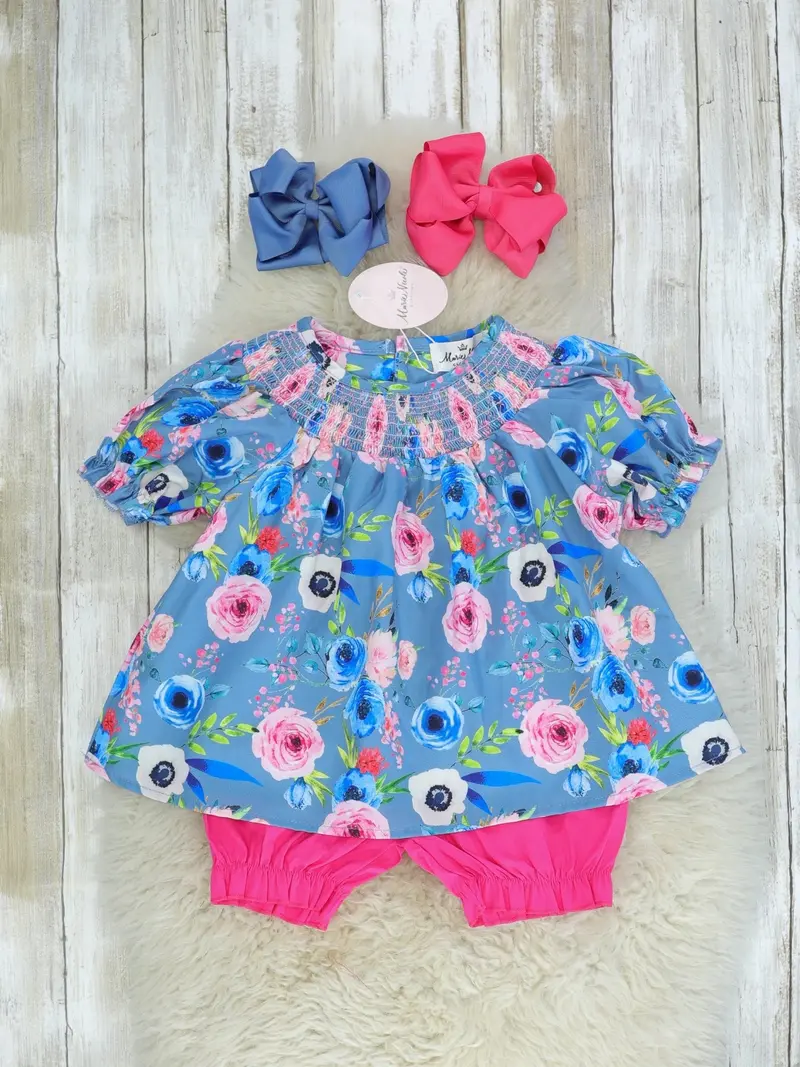 Rose-Print Swing Top And Pink Bottoms Set – Blue Accent 1