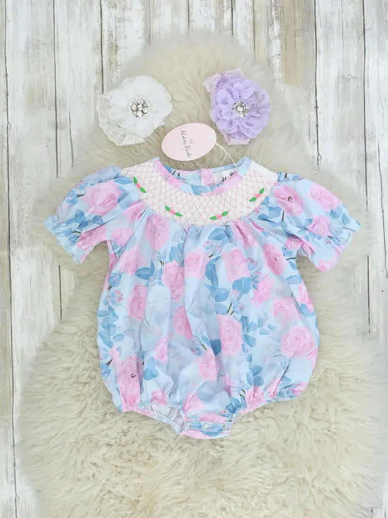 Rose-Smocked Bubble Romper In Pink And Blue 1