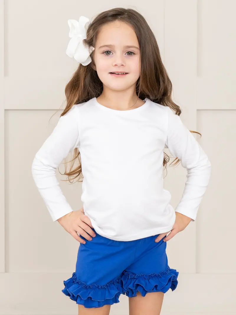 Royal Blue Cotton Shorts With Decorative Ruffle Trim 1