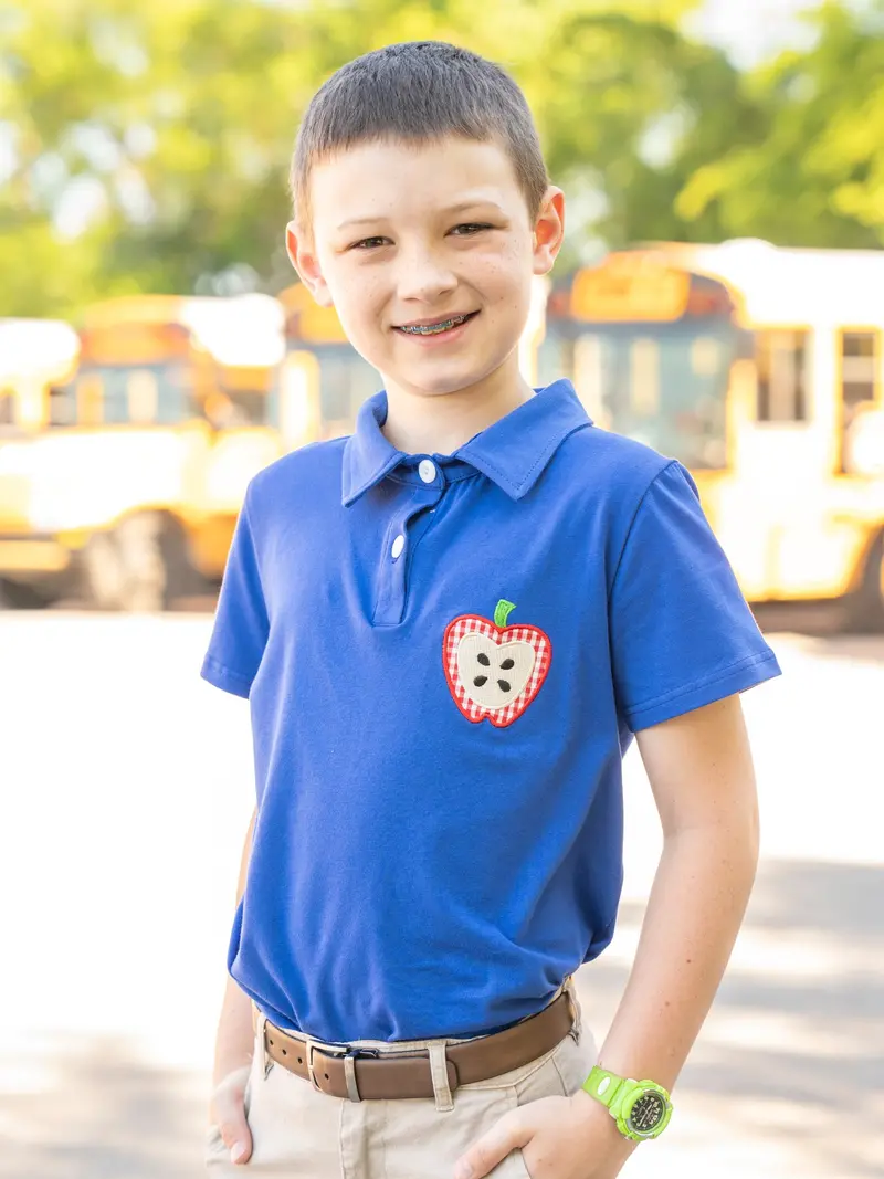 Royal Blue Polo Shirt With Embroidered Apple Motif 1