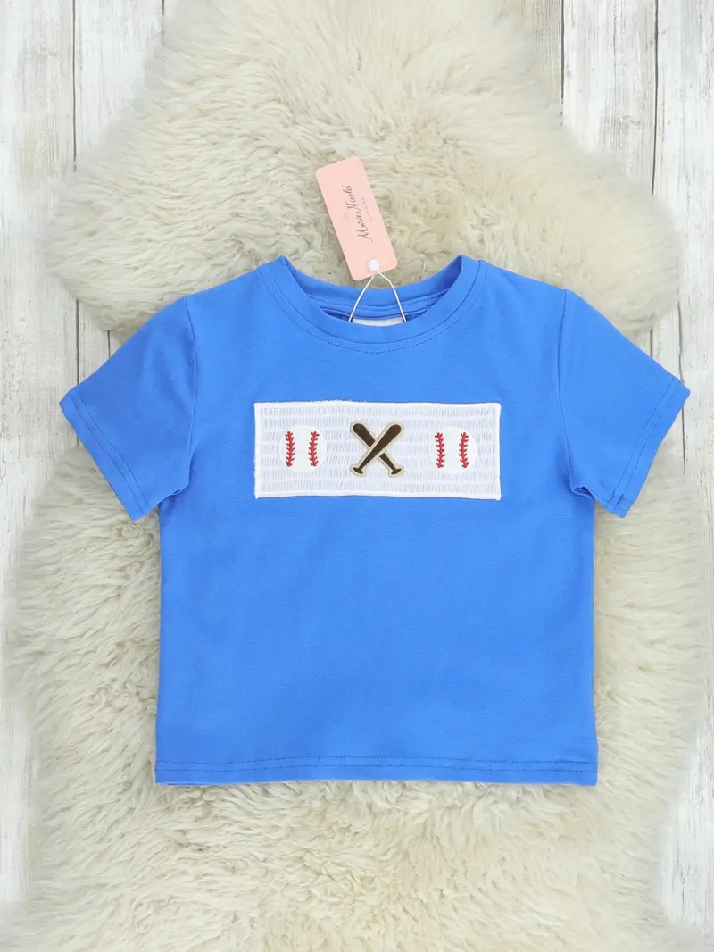 Royal Blue Smocked Baseball Crewneck Top 1