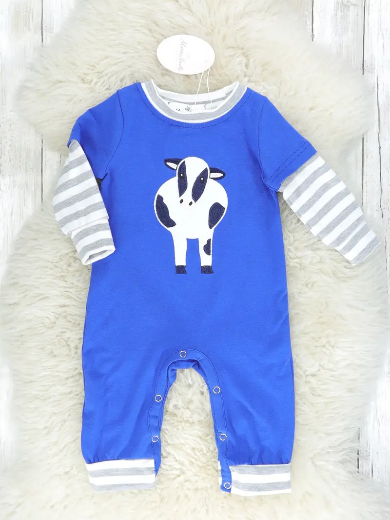 Royal Blue Striped Cow Print Baby Romper 1