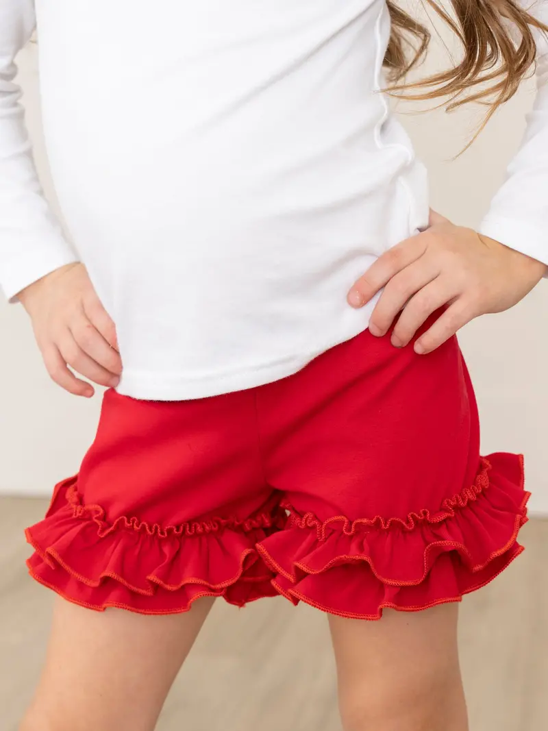 Ruby Red Cotton Ruffle-Hem Shorts 1