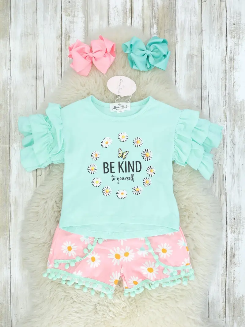 Ruffle-Detail Daisy Outfit Featuring "Be Kind To Yourself" Message 1