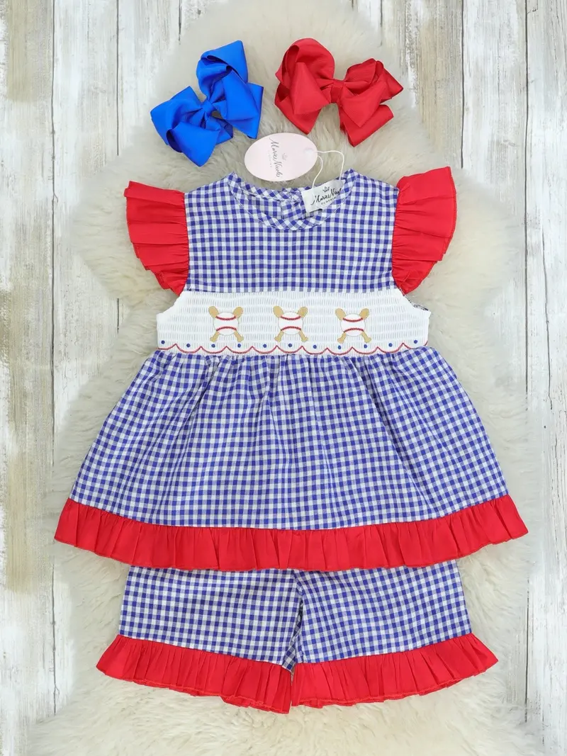 Ruffle-Trimmed Blue Check Baseball Smocked Outfit 1