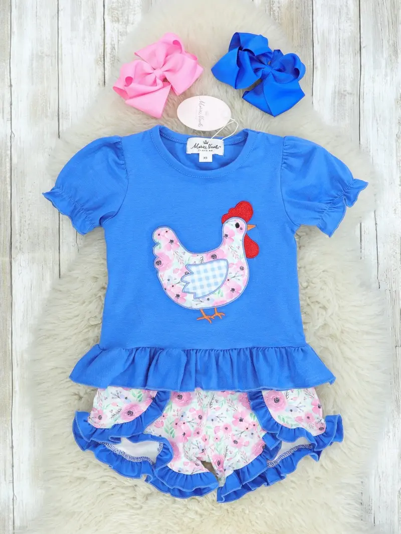 Ruffled Spring Chicken Shirt And Shorts Outfit – Blue 1