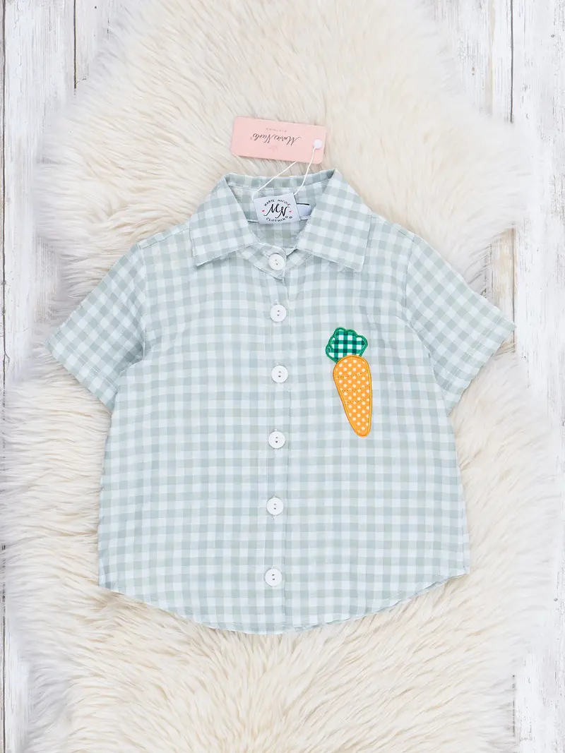 Sage Gingham Button-Down Shirt With Carrot Accents 1