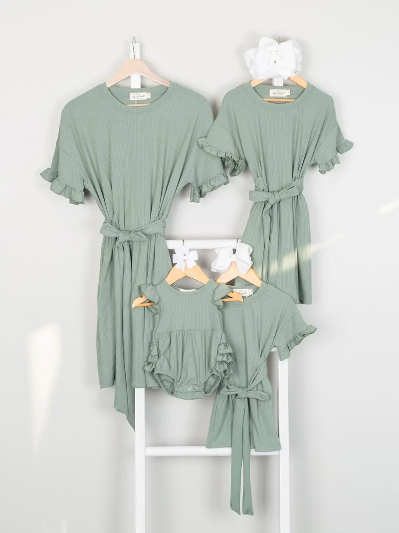 Sage Ribbed Matching Mom And Me Ruffle Dress Set 1