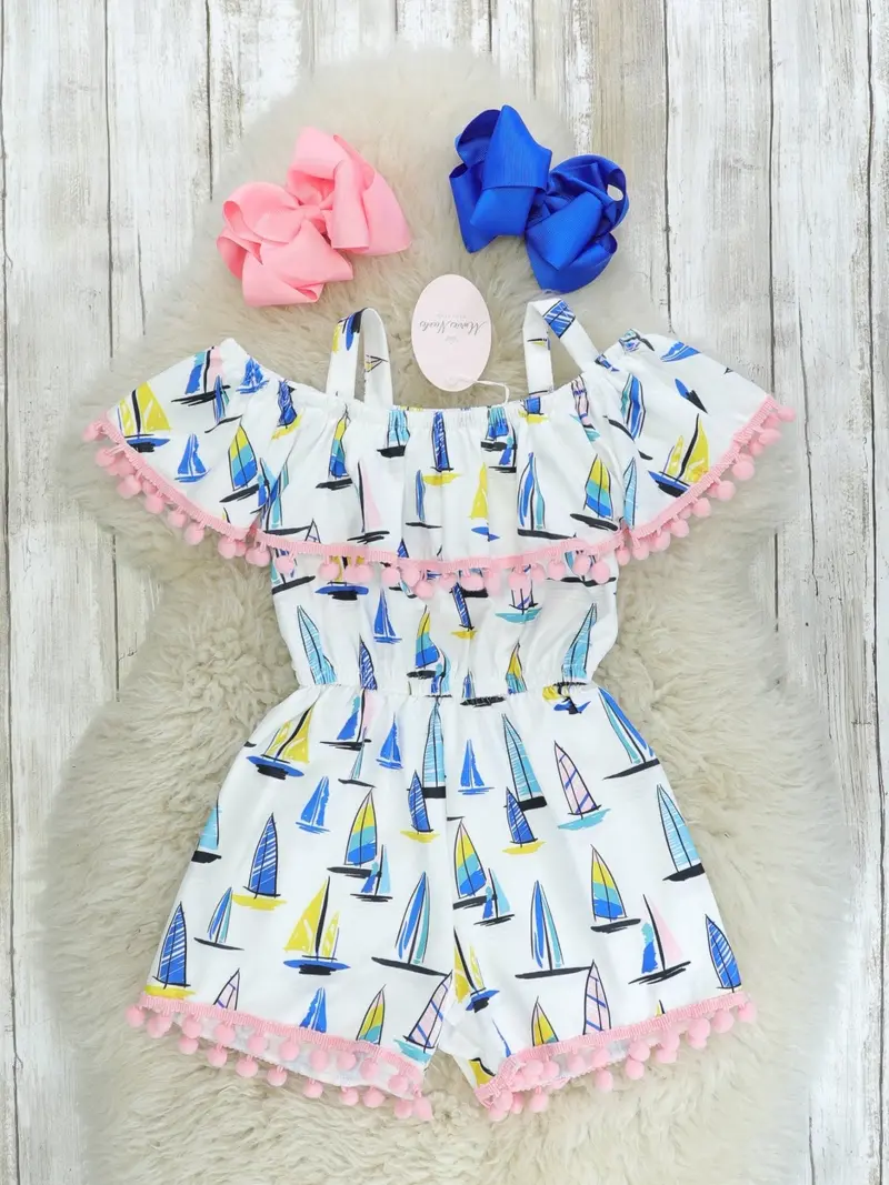 Sailboat-Print Pom-Pom Romper 1