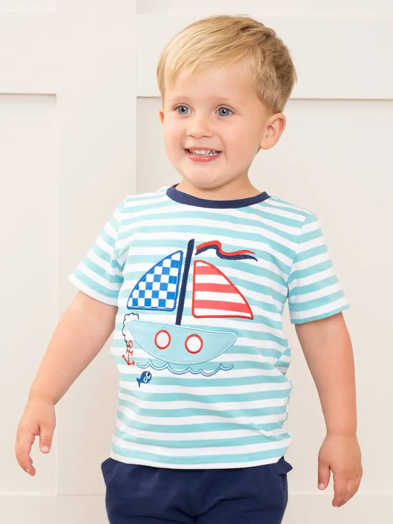 Sailboat-Print Teal Striped Shirt 1
