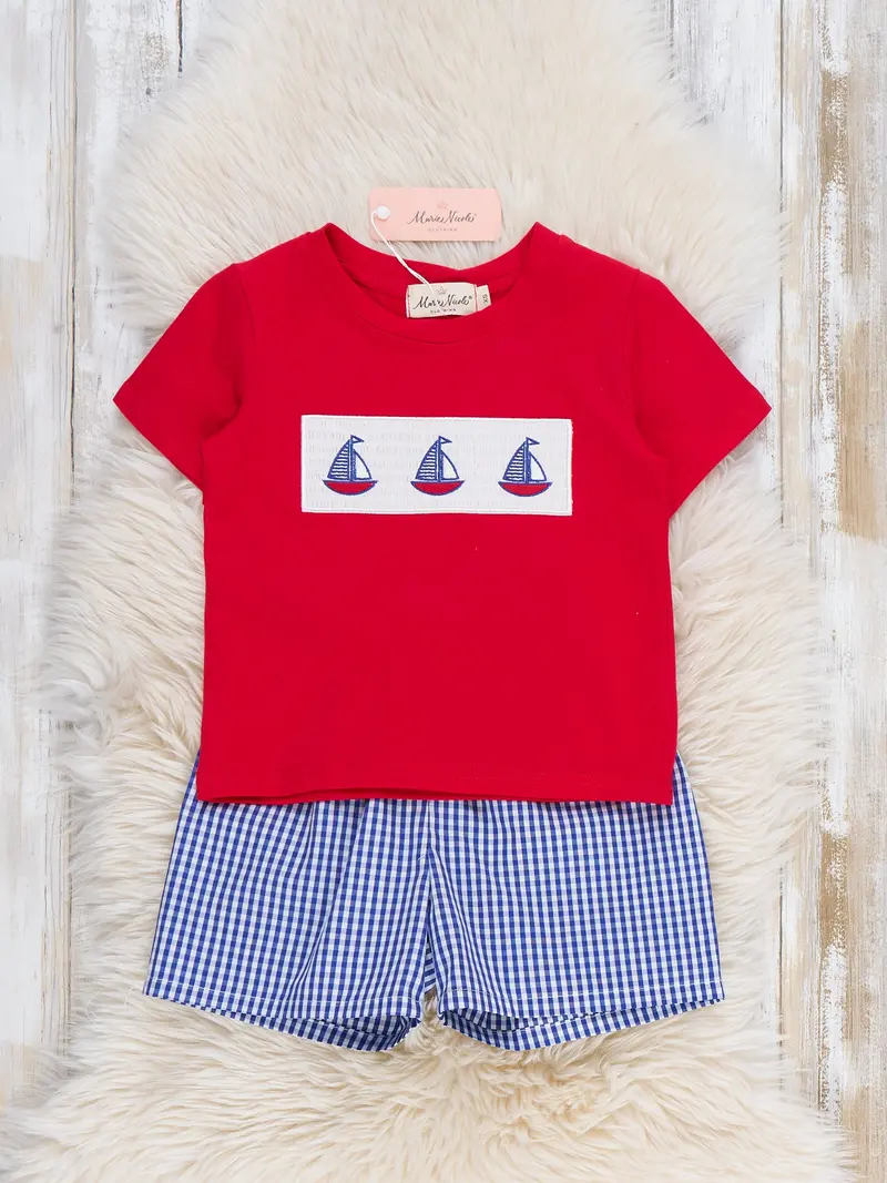 Sailboat-Themed Gingham Smocked Two-Piece Outfit 1