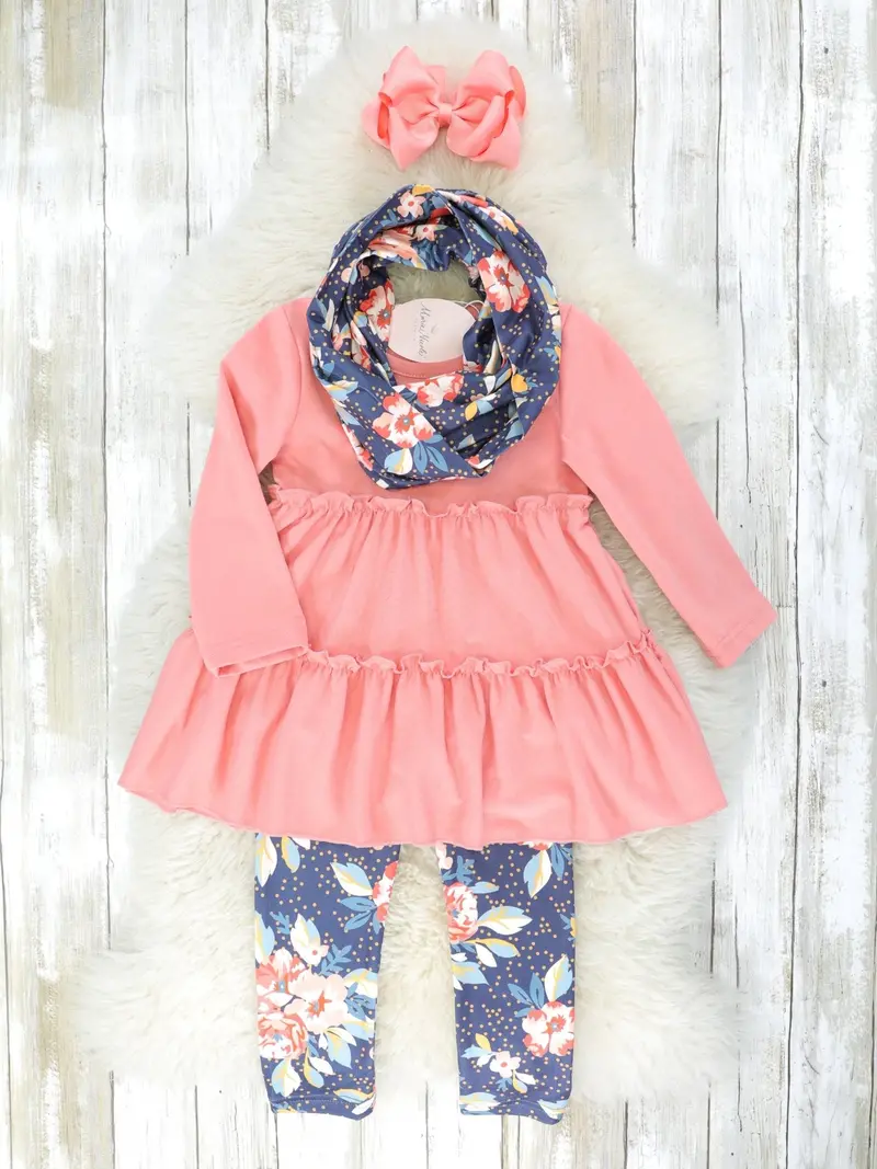 Salmon Pink Tiered Top With Floral Bottoms And Matching Scarf 1