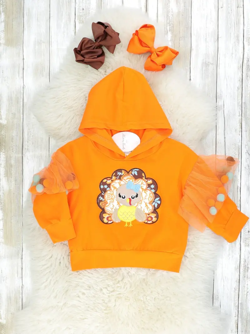 Sassy Turkey-Themed Tulle Pom-Pom Hoodie 1