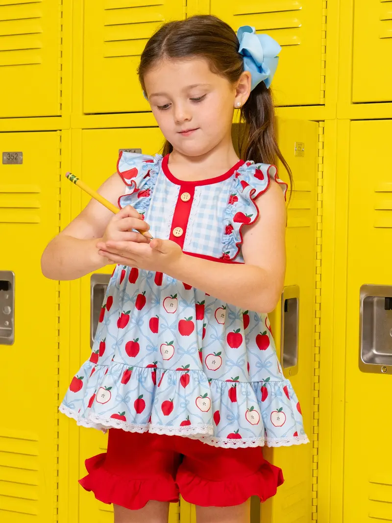 School Bell & Apple-Themed Ruffle Outfit 1