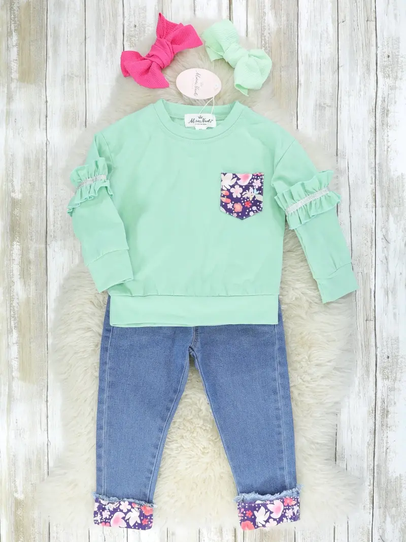 Sea Foam Green Ruffle Pullover And Denim Set 1