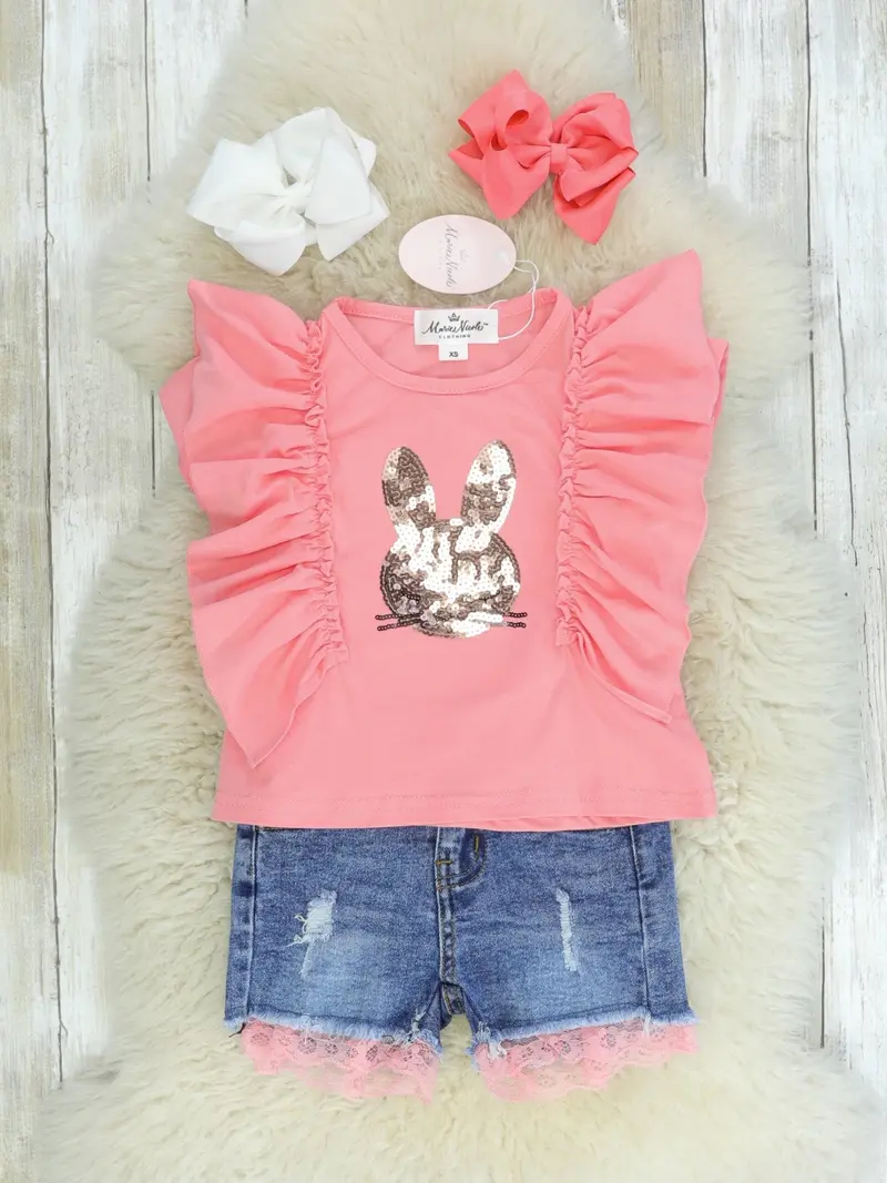Sequin Bunny Coral Ruffle Top With Denim Shorts 1
