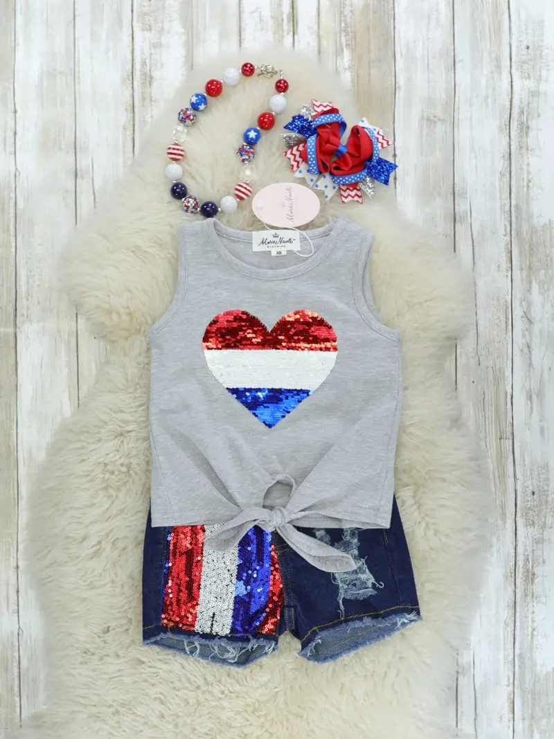 Sequin Heart Patriotic Outfit: Tie-Front Tank & Denim Shorts 1
