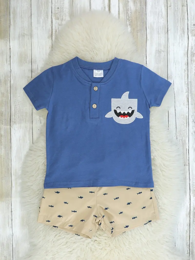 Shark-Themed Top And Shorts Outfit – Blue 1
