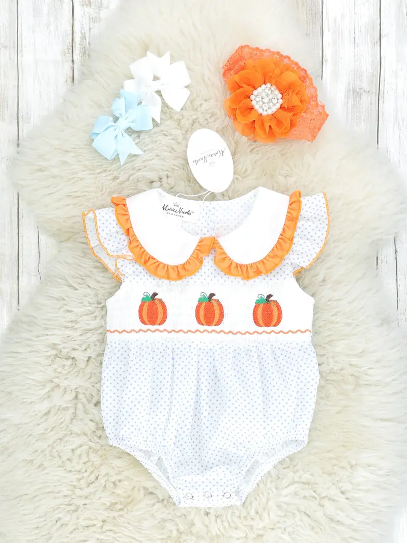 Sky Blue Smocked Pumpkin Romper For Baby Girls 1