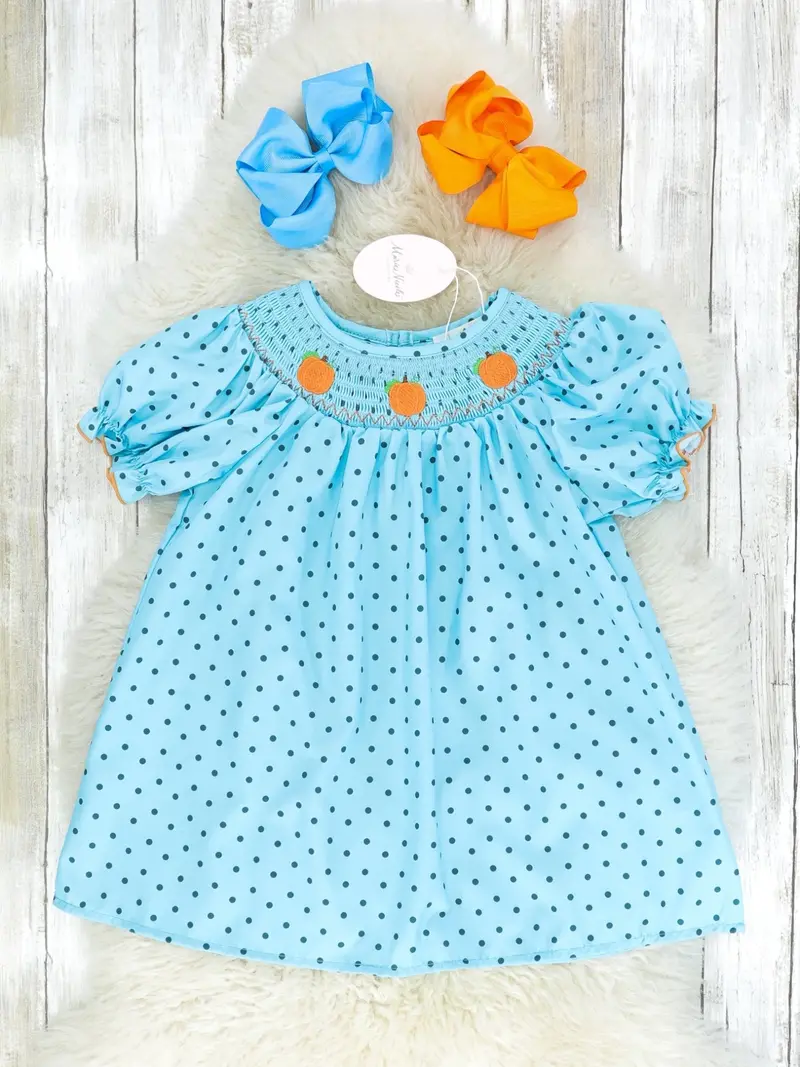 Smocked Blue Polka Dot Pumpkin Dress 1