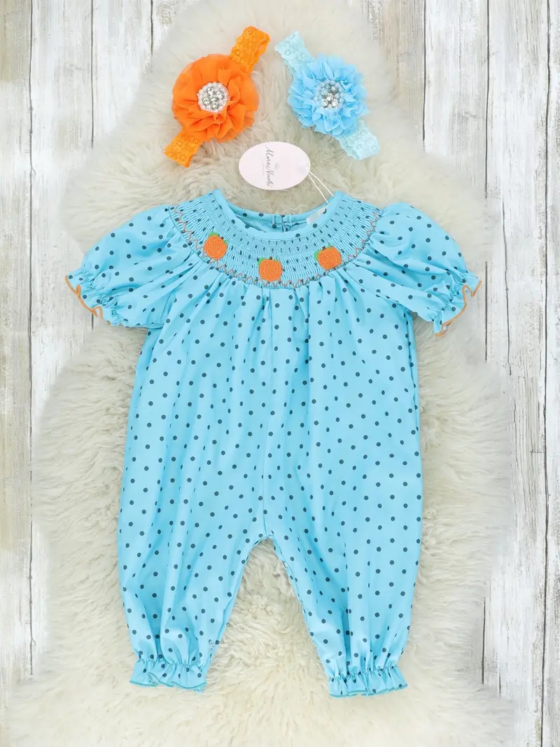 Smocked Blue Polka Dot Pumpkin Romper 1