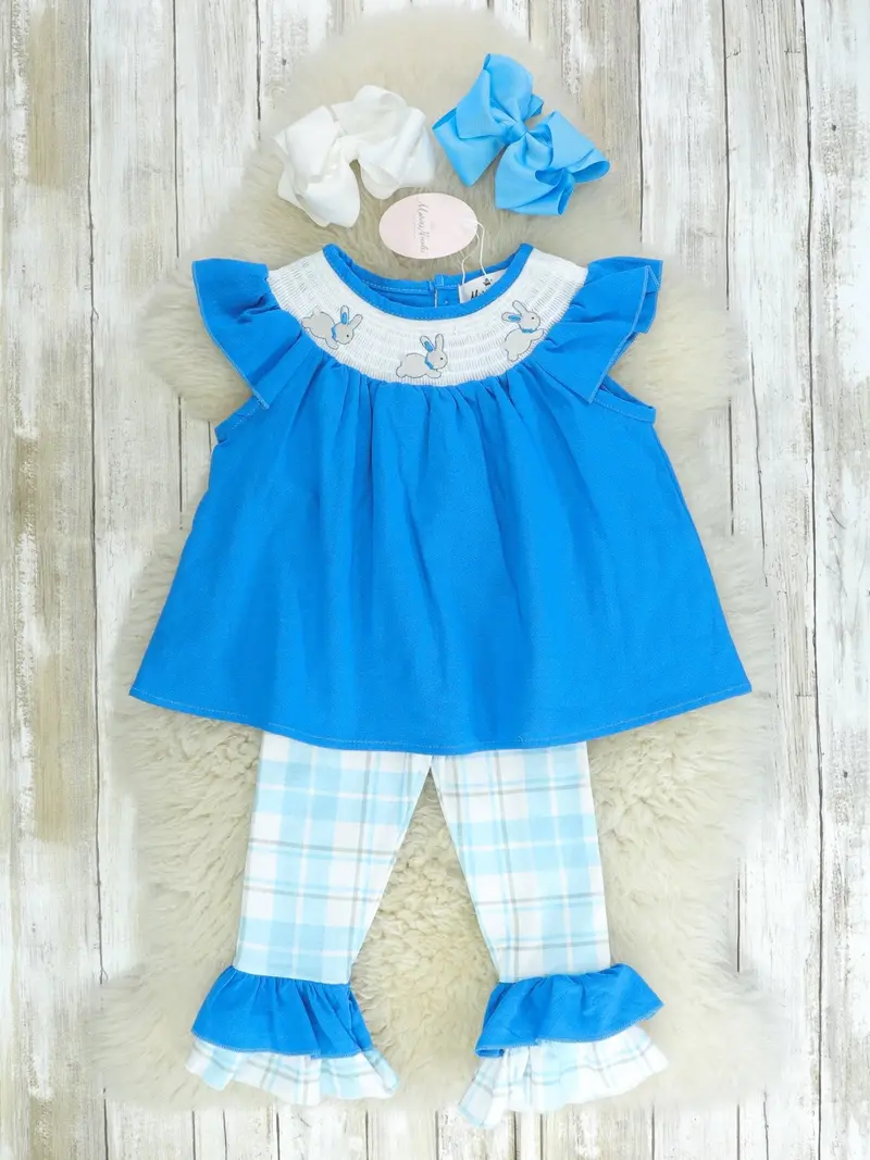 Smocked Easter Bunny Ruffle Outfit – Blue 1