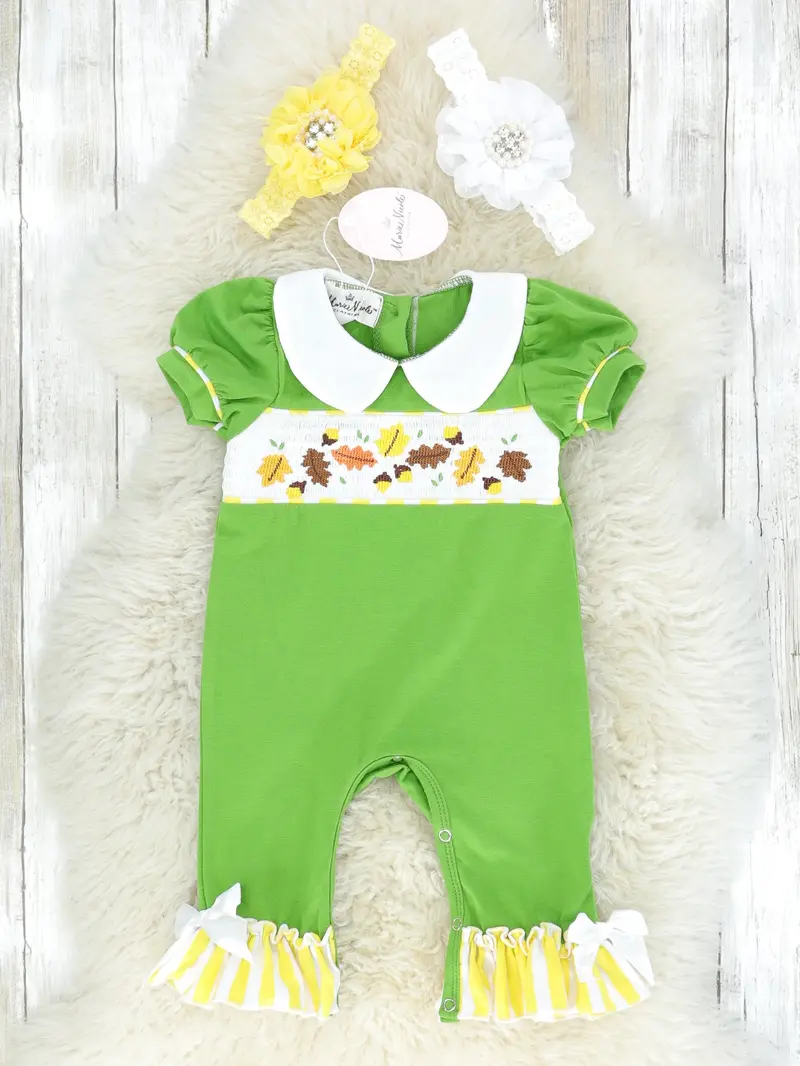 Smocked Fall Leaves And Acorn Romper For Infants 1