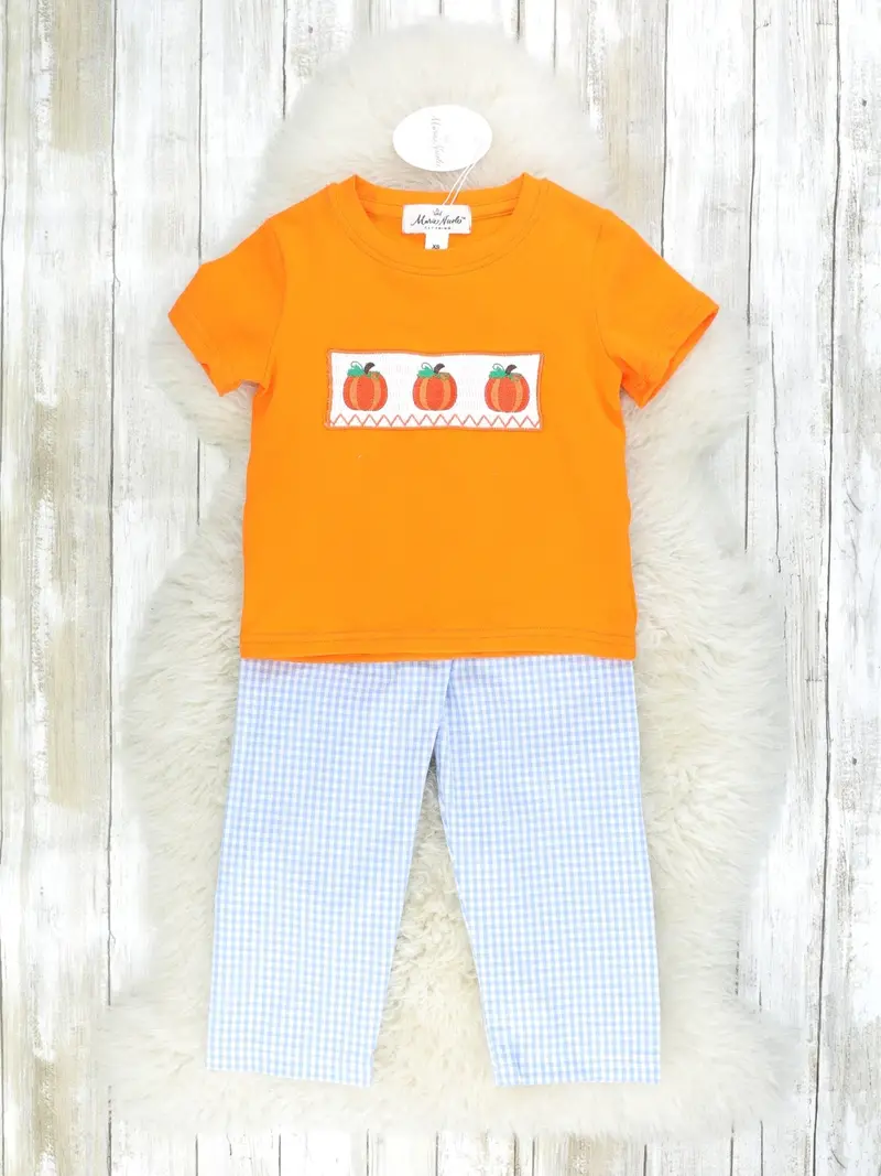 Smocked Orange Pumpkin Top And Plaid Bottoms Ensemble 1