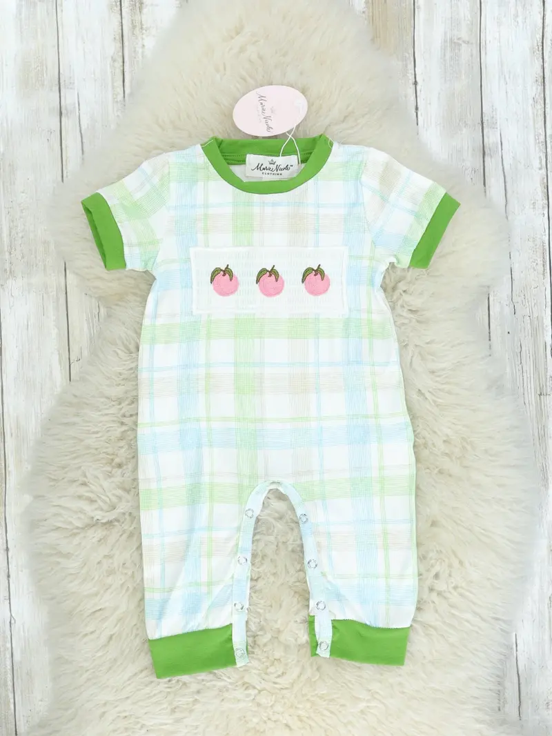 Smocked Peach Plaid Romper For Infants 1